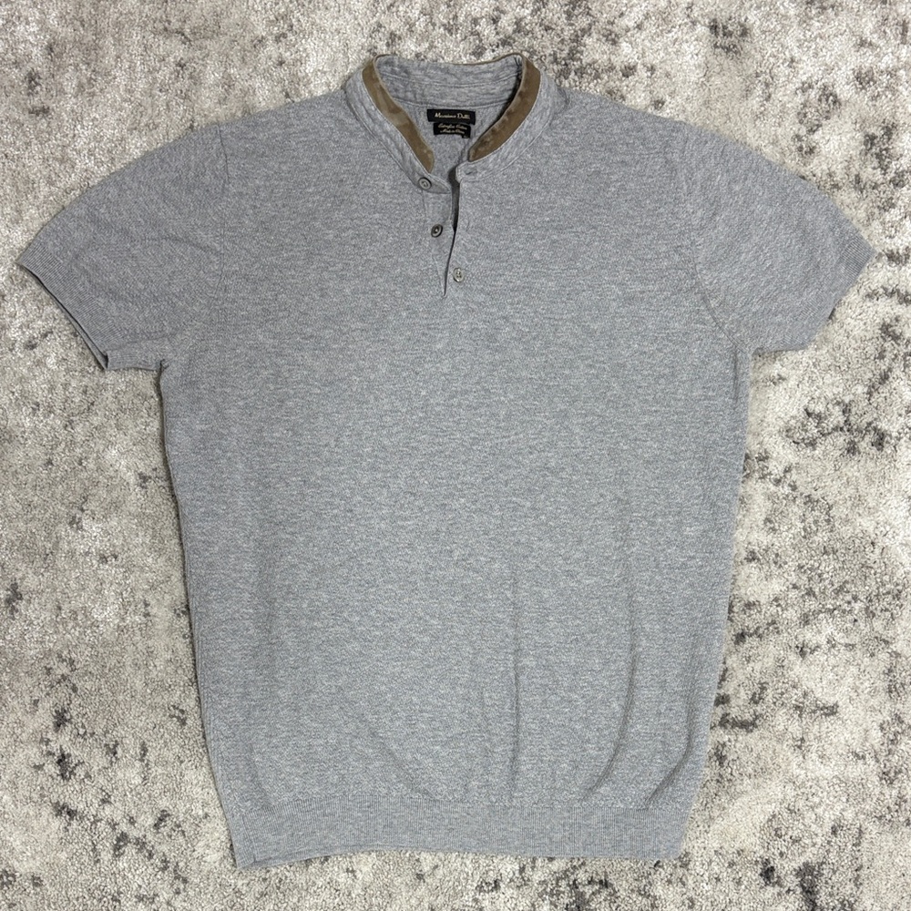Massimo Dutti Gray Polo Shirt w Brown Suede Collar